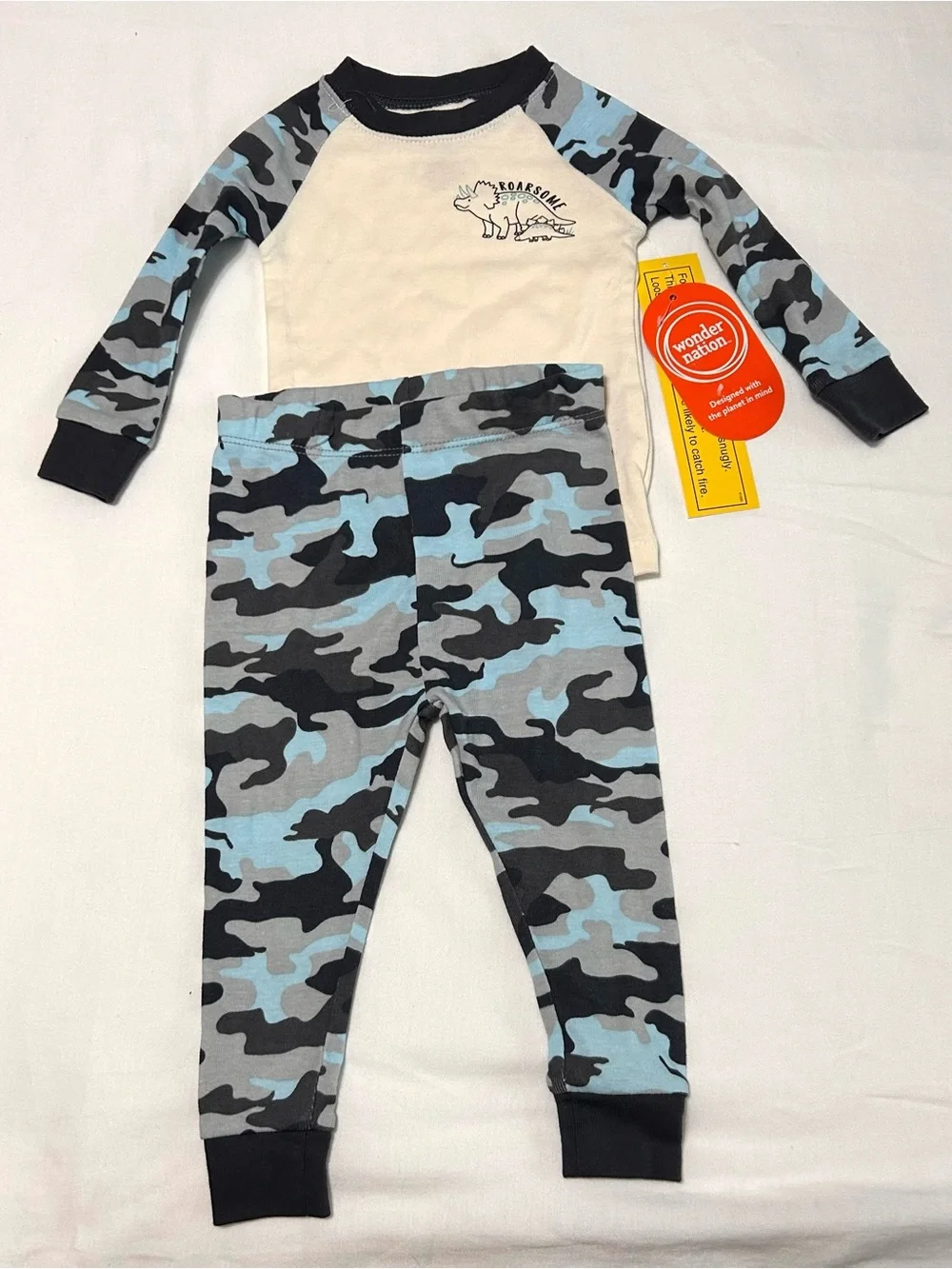 12 month Carter's 3 pieces! Blue Dinosaur Camo, Fleece Penguin and Acorn Sleeper